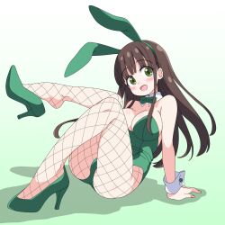  animal_ears black_hair blunt_bangs bow bowtie breasts cleavage detached_collar female fishnet_pantyhose fishnets gochuumon_wa_usagi_desu_ka? gradient_background green_background green_bow green_bowtie green_eyes green_footwear green_leotard high_heels highres leotard long_hair medium_breasts pantyhose playboy_bunny rabbit_ears sakuzo shoe_dangle smile solo strapless strapless_leotard ujimatsu_chiya white_background wrist_cuffs 