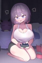  absurdres annoyed bare_shoulders bed bedroom blue_eyes breasts character_request cleavage commentary_request controller copyright_request female full_body game_controller hh highres huge_breasts indoors korean_commentary multicolored_eyes playing_games puff_of_air purple_eyes purple_hair short_hair sitting sleeveless solo sweatdrop tank_top thick_thighs thighs virtual_youtuber white_tank_top 