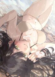  absurdres bikini black_hair breasts cleavage closed_mouth female grey_bikini halterneck highres idolmaster idolmaster_shiny_colors knees_up large_breasts long_hair looking_at_viewer lying lying_on_water messy_hair navel on_back paddy_field paw_pose shirase_sakuya side-tie_bikini_bottom solo swimsuit water yellow_eyes 