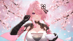  absurdres armor black_collar black_gloves blush breasts brushing_hair cherry_blossoms cleavage collar collarbone commentary cup detached_sleeves eyes_visible_through_hair female gloves hair_ornament hair_over_one_eye highres holding holding_cup large_breasts looking_at_viewer parted_lips pink_eyes pink_hair pink_pupils pink_sleeves qi_xuan sakazuki short_sleeves shoulder_armor smile solo straight-on taoqi_(wuthering_waves) upper_body wuthering_waves 