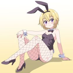  animal_ears black_bow black_bowtie black_footwear black_leotard blonde_hair bow bowtie breasts crossed_legs detached_collar fake_animal_ears female fishnet_pantyhose fishnets gochuumon_wa_usagi_desu_ka? gradient_background high_heels highres jinja_natsume leotard medium_breasts pantyhose playboy_bunny purple_eyes rabbit_ears rabbit_tail sakuzo short_sleeves sitting smile solo split_mouth strapless strapless_leotard tail wrist_cuffs yellow_background 