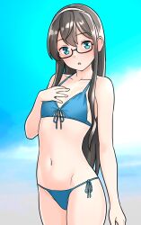  aqua_eyes bikini black_hair blue_bikini blurry blurry_background breasts cowboy_shot female front-tie_bikini_top front-tie_top furaggu_(frag_0416) glasses hairband highres kantai_collection long_hair looking_at_viewer navel ooyodo_(kancolle) side-tie_bikini_bottom small_breasts solo standing swimsuit very_long_hair white_hairband 