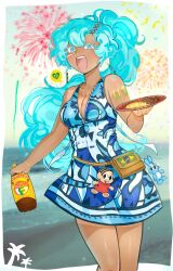  aqua_eyes aqua_hair blue_dress bottle breasts cleavage cowboy_shot dress earrings female fireworks food hatsune_miku highres holding holding_bottle holding_plate jewelry long_hair looking_at_viewer monica_(turma_da_monica) necklace open_mouth plate ponytail print_dress raezoreye sansao_(turma_da_monica) smile solo turma_da_monica very_long_hair vocaloid 