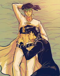  2boys clothed clothing diamond_is_unbreakable fully_clothed gay gloves jojo&#039;s_bizarre_adventure josuke_higashikata licking_stomach male male/male male_only rohan_kishibe yaoi 