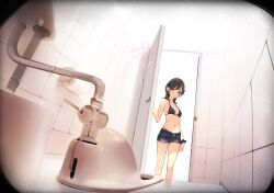  ama_mitsuki bikini black_bikini black_hair black_scrunchie black_shorts commentary_request door female highres indoors medium_hair navel opening_door original restroom scrunchie short_shorts shorts solo squat_toilet standing swimsuit tile_wall tiles white_background wrist_scrunchie 