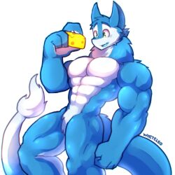  abs blue_body cheese dairy_products food hi_res male muscular pecs sergal solo traviss_(character) whiteleo 