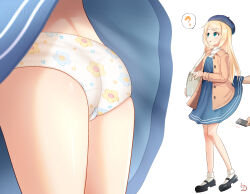  ? ass blonde_hair blue_beret blue_dress blue_eyes brown_jacket cellphone clothes_lift commission dress dress_lift female floral_print_panties holding holding_phone jacket jervis_(kancolle) kantai_collection long_hair long_sleeves open_clothes open_jacket panties phone pixiv_commission print_panties raion_(t12k1ro3) short_dress smartphone socks speech_bubble spoken_question_mark underwear very_long_hair white_panties white_socks 