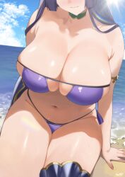  absurdres armlet bare_shoulders beach bikini blush breasts choker cleavage collarbone eyepatch_bikini fate/grand_order fate_(series) female head_out_of_frame highres jewelry kurozawa_yui large_breasts long_hair minamoto_no_raikou_(fate) minamoto_no_raikou_(swimsuit_lancer)_(fate) navel purple_bikini purple_hair shore solo swimsuit thighs very_long_hair 