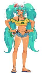  aqua_eyes aqua_hair bikini black_bikini bracelet brazilian_flag_print brazilian_miku breasts can cleavage denim denim_shorts drink_can earrings eyewear_on_head female female_pubic_hair flip-flops full_body guarana_antarctica hatsune_miku highres holding holding_can jersey jewelry large_breasts long_hair navel navel_piercing piercing pubic_hair rikodamu1 sandals shirt short_shorts shorts soda_can solo stomach sunglasses swimsuit tan tanlines twintails very_long_hair vocaloid yellow_shirt 