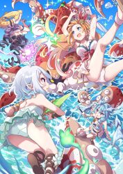  4girls absurdres animal_ears antenna_hair arm_tattoo armlet arms_up ass asymmetrical_hair babydoll bead_bracelet beads bikini black_hair blue_eyes blue_hair blue_sky blue_wings bow bracelet braid braided_ponytail breasts brown_footwear casual_one-piece_swimsuit cat_ears cat_girl cat_tail crystal_horns crystal_wings dragon_girl dragon_horns dragon_tail dragon_wings drooling elf fighting_in_air flower frilled_bikini frilled_one-piece_swimsuit frills from_behind from_below front-tie_bikini_top front-tie_top green_one-piece_swimsuit hair_flower hair_ornament hair_over_shoulder highres holding holding_sword holding_umbrella holding_weapon horns ice ice_wings innertube_with_ears jewelry karyl_(princess_connect!) karyl_(summer)_(princess_connect!) kokkoro_(princess_connect!) kokkoro_(summer)_(princess_connect!) large_breasts long_hair low_twintails magic multiple_girls ocean octopus one-piece_swimsuit open_mouth orange_hair pecorine_(princess_connect!) pecorine_(summer)_(princess_connect!) pointy_ears princess_connect! purple_eyes red_bow rose sandals sheffy_(princess_connect!) side_braid single_braid sky small_breasts swim_ring swimsuit swimsuit_skirt sword tail tattoo thigh_strap tsukachii twintails umbrella upside-down very_long_hair water weapon white_bikini white_hair wings yellow_flower yellow_rose 