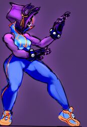  2024 anthro armor bear blue_clothing bracelet capcom chun-li clothing cosplay crossover crossover_cosplay epic_games female fighting_pose footwear fortnite full-length_portrait fur gauntlets gloves handwear hood jewelry legwear mammal martial_arts megajenta popped_collar portrait pose purple_background purple_body purple_fur raven_team_leader shaded shadow_face shoes side_view simple_background sneakers solo street_fighter studded_bracelet studded_jewelry studs tights 