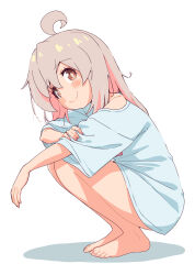  absurdres ahoge bare_legs barefoot blue_shirt blush brown_eyes closed_mouth colored_inner_hair commentary_request feet female fingernails from_side full_body grey_hair hair_between_eyes hand_on_own_arm hand_up highres knees_up lips long_hair looking_at_viewer looking_to_the_side loose_clothes loose_shirt multicolored_hair naked_shirt no_pants off_shoulder onii-chan_wa_oshimai! oversized_clothes oversized_shirt oyama_mahiro pink_hair shiina_excel shirt short_sleeves simple_background single_bare_shoulder smile solo split_mouth squatting t-shirt toenails toes two-tone_hair white_background white_shirt 