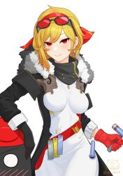  blonde_hair blush breasts dress earrings english_commentary eyewear_on_head female gloves hammer highres holding holding_hammer hololive hololive_indonesia jewelry kaela_kovalskia kaela_kovalskia_(1st_costume) long_hair looking_at_viewer medium_hair mixed-language_commentary red-tinted_eyewear red_eyes red_gloves simple_background smile solo sunglasses tinted_eyewear velantart virtual_youtuber white_background white_dress 