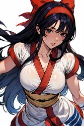  1girls ainu_clothes big_breasts black_hair breasts brown_eyes busty female female_only hair_ribbon highres king_of_fighters large_breasts legs long_hair looking_at_viewer nakoruru parted_lips pink_lipstick ribbon samurai_shodown snk solo thighs voluptuous 