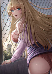  absurdres aqua_eyes ass blonde_hair bra breasts chain-link_fence clothes_lift clothes_pull commentary_request female fence from_behind highres large_breasts long_hair long_sleeves nori_chazuke open_mouth original outdoors panties plaid_clothes plaid_skirt purple_shirt purple_skirt red_bra red_panties shirt shirt_pull sideboob skirt skirt_lift solo teeth tongue underwear 