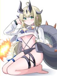  absurdres arknights arm_up bikini black_bikini black_horns blonde_hair blue_bow blush bow breasts closed_mouth crop_top cropped_shirt diffraction_spikes female fire flame-tipped_tail full_body green_eyes grey_horns grey_tail hand_in_own_hair highres horns infection_monitor_(arknights) long_hair long_sleeves looking_at_viewer medium_breasts navel official_alternate_costume pouch reed_(arknights) reed_the_flame_shadow_(arknights) reed_the_flame_shadow_(summer_flowers)_(arknights) seiza shirt simple_background sitting smile solo spam_(spamham4506) split_mouth swimsuit tail thigh_bow thigh_strap underboob white_background white_shirt 