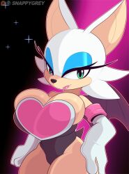  2024 anthro bat big_breasts breasts cleavage clothed clothing digital_media_(artwork) eyelashes eyeliner female fur green_eyes hand_on_hip huge_breasts makeup mammal rouge_the_bat sega snappygrey solo sonic_the_hedgehog_(series) tails thick_thighs wide_hips wings yellow_body yellow_fur 