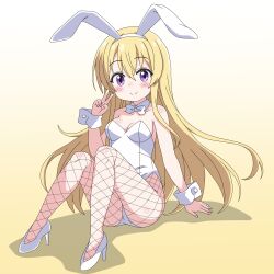  animal_ears blonde_hair bow bowtie breasts commentary_request detached_collar female fishnet_pantyhose fishnets gochuumon_wa_usagi_desu_ka? gradient_background highres jinja_eru leotard long_hair medium_breasts pantyhose playboy_bunny purple_eyes rabbit_ears sakuzo sitting smile solo strapless strapless_leotard v white_bow white_bowtie white_leotard wrist_cuffs yellow_background 