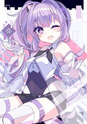  ai-chan_(arcaea) arcaea belt black_leotard black_shorts blush clover_39 commentary cowboy_shot dress english_commentary female gloves hand_up highres jacket leotard looking_at_viewer one_eye_closed open_mouth purple_eyes purple_hair see-through see-through_jacket shorts side_ponytail smile solo thigh_belt thigh_strap white_dress white_gloves 