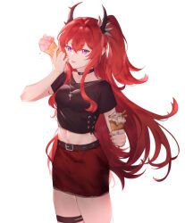  :p arknights belt black_choker black_shirt chinese_commentary choker commentary cowboy_shot crop_top cropped_shirt cross cross_necklace female food highres holding holding_food holding_ice_cream horns ice_cream jewelry latin_cross long_hair looking_at_viewer midriff navel necklace official_alternate_costume purple_eyes red_hair red_skirt ring shirt short_sleeves skirt solo surtr_(arknights) surtr_(liberte_echec)_(arknights) thigh_strap tongue tongue_out yaner_10 