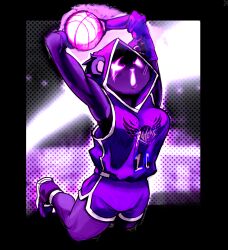  &gt;:o 2024 action_pose alternate_costume anthro ball basketball basketball_(ball) basketball_uniform bear ben_day_dots breasts clothing dark_body dark_fur dunking elbow_pads energy_ball epic_games female footwear fortnite full-length_portrait fur hi_res holding_object hood mammal medium_breasts megajenta midair open_mouth portrait pose purple_body purple_clothing purple_fur raven_team_leader shaded shirt shoes sneakers solo sportswear topwear undershirt uniform 