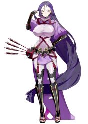  arrow_(projectile) bodysuit breasts closed_mouth covered_navel english_commentary fate/grand_order fate_(series) full_body gauntlets highres large_breasts long_hair long_sleeves minamoto_no_raikou_(fate) purple_bodysuit purple_eyes purple_hair sandals simple_background smile solo standing very_long_hair white_background yun-yang 