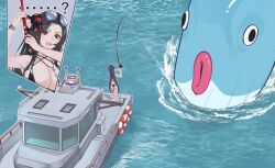  ...? alternate_costume bikini black_bikini black_hair boat breasts day eyewear_on_head fish fishing fishing_rod goddess_of_victory:_nikke highres holding holding_fishing_rod large_breasts lifebuoy long_hair maiden_(nikke) maiden_(under_the_sun)_(nikke) nagato_tsumugu ocean open_mouth red_eyes smile standing sunglasses swim_ring swimsuit teeth upper_teeth_only very_long_hair watercraft 