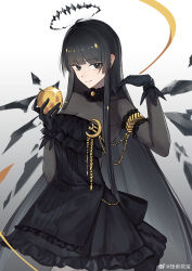  absurdres apple arknights black_dress black_eyes black_gloves black_hair black_halo blunt_bangs bodystocking breasts chains chinese_commentary cleavage closed_mouth commentary_request cowboy_shot crescent detached_wings dress fan_qian_hua_bao female food frilled_dress frills fruit glint gloves gold gold_chain golden_apple halo hands_up highres holding holding_food holding_fruit jewelry long_hair looking_at_viewer medium_breasts sidelocks smile solo standing very_long_hair virtuosa_(arknights) watermark weibo_logo weibo_watermark wings 