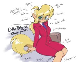  2024 5:4 anthro blonde_hair callie_briggs clothing domestic_cat english_text eyebrows eyelashes eyewear felid feline felis female glasses green_eyes hair hanna-barbera looking_at_viewer mammal necktie sitting solo swat_kats tail tan_body text venilejuju yellow_tail 