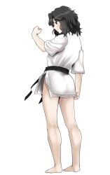  amagami ass bare_legs barefoot belt black_belt black_eyes black_hair clenched_hands curly_hair dougi female from_behind full_body gyuunyuu_pack_(tanaka) hand_up highres legs messy_hair profile short_sleeves simple_background solo standing tanamachi_kaoru wavy_hair white_background 