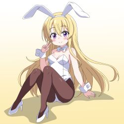  animal_ears black_pantyhose blonde_hair bow bowtie breasts commentary_request detached_collar female gochuumon_wa_usagi_desu_ka? gradient_background highres jinja_eru leotard long_hair medium_breasts pantyhose playboy_bunny purple_eyes rabbit_ears sakuzo sitting smile solo strapless strapless_leotard v white_bow white_bowtie white_leotard wrist_cuffs yellow_background 