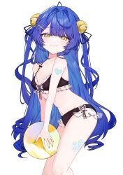  :3 absurdres ahoge amamiya_kokoro amamiya_kokoro_(7th_costume) ball beachball bell bikini black_bikini blue_hair blue_nails breasts cross-laced_bikini cross-laced_clothes doyagao female frilled_bikini frills hair_bell hair_ornament hair_tie heart highres jingle_bell long_hair looking_at_viewer navel nijisanji p_kotai scales see-through small_breasts smile smug solo squinting swimsuit thighs twintails virtual_youtuber x_hair_ornament yellow_eyes 