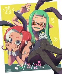  2girls agent_3_(splatoon) agent_8_(splatoon) animal_ears ariamikukanzaki fake_animal_ears fishnets inkling_girl inkling_player_character looking_at_another looking_at_viewer multiple_girls octoling_girl octoling_player_character playboy_bunny rabbit_ears rabbit_tail sitting sitting_on_lap sitting_on_person tail wrist_cuffs yuri 