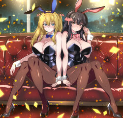  2girls animal_ears bat_hair_ornament black_footwear black_hair black_leotard black_pantyhose blonde_hair blue_bow blue_bowtie blue_eyes bow bowtie character_request cityscape confetti copyright_request couch demon_girl detached_collar full_body hair_ornament high_heels highres leotard long_hair multiple_girls nakahira_guy pantyhose pink_bow pink_bowtie playboy_bunny rabbit_ears rabbit_tail red_eyes stella_flavia strapless strapless_leotard tail tokyo_succubus twintails wrist_cuffs yuna_(nakahira_guy) 