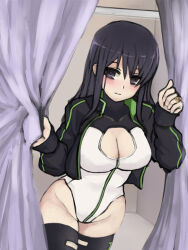  alice_gear_aegis black_eyes black_hair black_jacket black_thighhighs breasts circle_cutout cleavage_cutout clothing_cutout companion/af covered_collarbone curtains female fitting_room front_zipper full-length_zipper highleg highleg_leotard jacket kagome_misaki large_breasts leotard race_queen solo tenpura_(nemo) thighhighs turtleneck turtleneck_leotard two-tone_leotard white_leotard zipper zipper_leotard zipper_pull_tab 