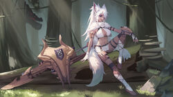  absurdres animal_ears breasts chinese_commentary cleavage cleavage_cutout clothing_cutout commentary commission crop_top dark-skinned_female dark_skin deviljho fallen_tree female fingerless_gloves forest fox_ears fox_girl fox_tail gloves green_eyes gunlance head_tilt highres kirby_d_a loincloth looking_at_viewer monster_hunter:_world monster_hunter_(series) mushroom nature navel oerba_yun_fang open_mouth original pixiv_commission shield shirt sitting slinger_(monster_hunter) socks solo stomach sword tail weapon white_gloves white_hair white_shirt white_socks 