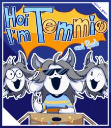  ambiguous_gender anthro box canid canine clothed clothing container dialogue english_text escaping_text eyewear felid feline fur group hair hi_res introduction kikill_art mammal name_drop name_in_dialogue open_mouth pointy_speech_bubble simple_background speech_bubble sunglasses tem temmie_(undertale) text topwear trio undertale undertale_(series) white_body 