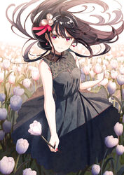  ahoge bare_arms black_dress black_hair black_ribbon breasts buttons closed_mouth commentary dress earrings female field floating_hair floral_print flower flower_field hair_flower hair_ornament hair_ribbon highres holding holding_flower jewelry koh_rd long_hair looking_at_viewer nail_polish neck_ribbon original pale_skin pink_eyes pink_nails red_nails red_ribbon ribbon sidelocks sleeveless sleeveless_dress small_breasts smile solo standing tulip white_flower white_tulip 