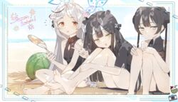  3girls :d bare_legs barefoot beach black_dress black_hair blue_archive blue_eyes breasts closed_mouth day dorsiflexion dress feet feet_out_of_frame food fruit green_eyes halo hand_fan haru_on highres holding holding_fan kisaki_(blue_archive) knees_up kokona_(blue_archive) legs long_hair multiple_girls outdoors paper_fan parted_bangs red_eyes short_sleeves shun_(blue_archive) shun_(small)_(blue_archive) sideways_glance sitting sleeveless sleeveless_dress small_breasts smile soles toes uchiwa v very_long_hair watermelon 