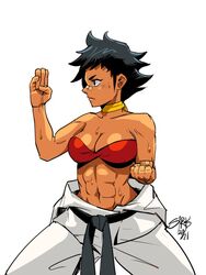  abs baggy_pants bandaid bandaid_on_nose belt bigdumsirk black_hair bra breasts choker cleavage clenched_hand clothes_around_waist dougi female fighting_stance karate_gi makoto_(street_fighter) md5_mismatch midriff navel pants red_bra resolution_mismatch ribbon_choker short_hair simple_background solo source_larger stomach street_fighter sweat underwear white_background 