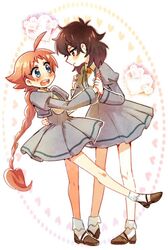  2girls ahiru_(princess_tutu) ahoge arm_around_back blue_eyes blush braid collared_shirt english_commentary hand_grab juliet_sleeves kataro long_braid long_hair long_sleeves looking_at_another medium_hair multiple_girls open_mouth princess_tutu puffy_sleeves red_eyes rue_(princess_tutu) school_uniform shirt single_braid smile very_long_hair yuri 