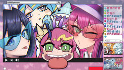  !? 4girls absurdres blonde_hair blue-eyes_white_dragon blue-tinted_eyewear blue_eyes blue_hair blunt_bangs bright_pupils bunny_ears_prank check_commentary commentary_request dual_persona duel_monster evil_twin_ki-sikil evil_twin_lil-la glasses gloves green_eyes grey_eyes hair_between_eyes hat highres kaiba&#039;s_defeat_(meme) kaibaman ki-sikil_(yu-gi-oh!) large_hat lil-la_(yu-gi-oh!) live_twin_ki-sikil live_twin_lil-la livestream long_hair looking_at_viewer meme multicolored_hair multiple_girls obelisk_the_tormentor one_eye_closed open_mouth outside_border parody pink-tinted_eyewear pink_hair puckered_lips purple_vest sailor_hat search_bar short_hair sidelocks smile stuffed_animal stuffed_shark stuffed_toy sunglasses teeth tinted_eyewear tongue tongue_out twintails twitter_username upper_body upper_teeth_only v vest white_headwear white_pupils yamasu_(tmy-0902) youtube yu-gi-oh! 