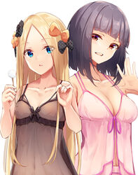  2girls abigail_williams_(fate) babydoll bare_shoulders black_bow blonde_hair blue_eyes blunt_bangs blush bow breasts cleavage collarbone covered_navel cucchiore fate/grand_order fate_(series) forehead hairbow katsushika_hokusai_(fate) long_hair looking_at_viewer medium_hair mimikaki multiple_girls multiple_hair_bows open_mouth orange_bow parted_bangs parted_lips red_eyes short_hair sidelocks simple_background small_breasts smile white_background 