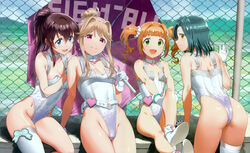  4girls :d absurdres andou_shuki ass blue_eyes boots breasts brown_hair chain-link_fence covered_navel fence gloves green_eyes green_hair high_heel_boots high_heels high_ponytail highleg highleg_leotard highres idolmaster idolmaster_million_live! leotard light_brown_hair looking_at_viewer multiple_girls nanao_yuriko non-web_source orange_hair outdoors parasol race_queen red_eyes satake_minako scan single_thighhigh sitting smile takatsuki_yayoi tenkubashi_tomoka thighhighs thighs twintails umbrella white_gloves white_leotard yellow_eyes 