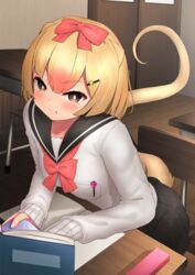  :t absurdres alternate_costume animal_ears anteater_ears anteater_tail bad_id bad_pixiv_id black_skirt blonde_hair blush book bow bowtie brown_eyes cellphone chair commentary deku_suke desk female gradient_hair hair_between_eyes hairbow highres kemono_friends long_sleeves looking_at_viewer multicolored_hair paper phone pink_hair pleated_skirt pout red_bow red_bowtie sailor_collar school school_chair school_desk school_uniform serafuku shirt short_hair silky_anteater_(kemono_friends) sitting skirt smartphone solo tail v-shaped_eyebrows white_shirt 