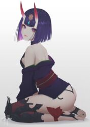  artistic_error ass black_panties blunt_bangs bob_cut breasts closed_mouth clothes_down commentary fate/grand_order fate_(series) female from_side full_body highres horns japanese_clothes kimono looking_at_viewer panties petite purple_eyes purple_hair purple_kimono red_leg_warmers ryumikooo short_hair short_kimono shuten_douji_(fate) sideboob signature small_breasts solo underwear white_background 