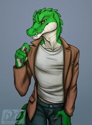  2020 4_fingers alligator alligatorid anthro bedroom_eyes bottomwear claws clothed clothing countershade_tail countershade_torso countershading cregon crocodile crocodilian crocodylid denim denim_bottomwear denim_clothing fingers front_view fully_clothed gradient_background green_body green_scales grey_background half-closed_eyes hand_on_leg hi_res idoodle2draw inviting jacket jeans looking_at_viewer male manly midriff narrowed_eyes pants portrait pose reptile scales scalie seductive sharp_teeth shirt signature simple_background smile smirk solo spikes standing suit tail tan_body tan_countershading tan_scales teasing teeth topwear white_clothing white_shirt white_topwear yellow_sclera 