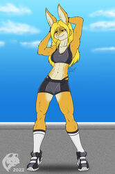  2022 abs anthro athletic athletic_anthro athletic_female blonde_hair bottomwear bra breasts claire_bordeaux cleavage clothed clothing day digital_media_(artwork) female flat_colors footwear fur ghostwolf gloves hair hands_behind_head handwear lagomorph leporid long_hair looking_aside mammal midriff multicolored_body multicolored_fur navel orange_body orange_fur outside panties pose rabbit shoes shorts signature smile sneakers solo sports_bra standing tan_body tan_fur two_tone_body two_tone_fur underwear visible_underwear 