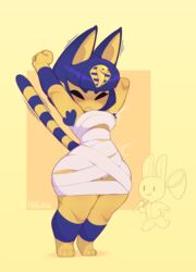  2022 4_toes animal_crossing ankha_(animal_crossing) anthro armpit_hair background_character blue_body blue_fur blue_hair blue_markings body_hair breasts closed_eyes clothing domestic_cat egyptian egyptian_clothing feet felid feline felis female fur hair hands_behind_head hi_res huffslove lagomorph leporid mammal markings multicolored_body multicolored_fur net nintendo rabbit ring_(marking) ringed_tail short_stack stretching striped_markings striped_tail stripes tail tail_markings third-party_edit toes two_tone_body two_tone_fur wide_hipped_female wide_hips wrap yellow_body yellow_fur 