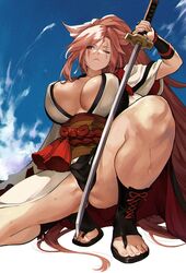  baiken blue_sky breasts cleavage closed_mouth cloud cloudy_sky day feet female guilty_gear guilty_gear_strive highres holding holding_sword holding_weapon jako_(toyprn) katana large_breasts long_hair one_eye_closed outdoors pink_eyes pink_hair sash scar scar_across_eye side_ponytail sky solo squatting sweat sword toeless_footwear toenails toes weapon 